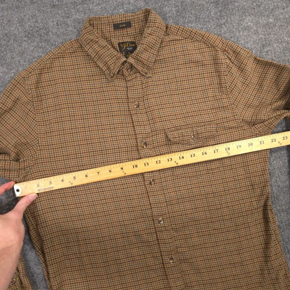 J Crew Flannel Shirt Mens L Brown Houndstooth Cashmere Blend Slim Fit Outdoor